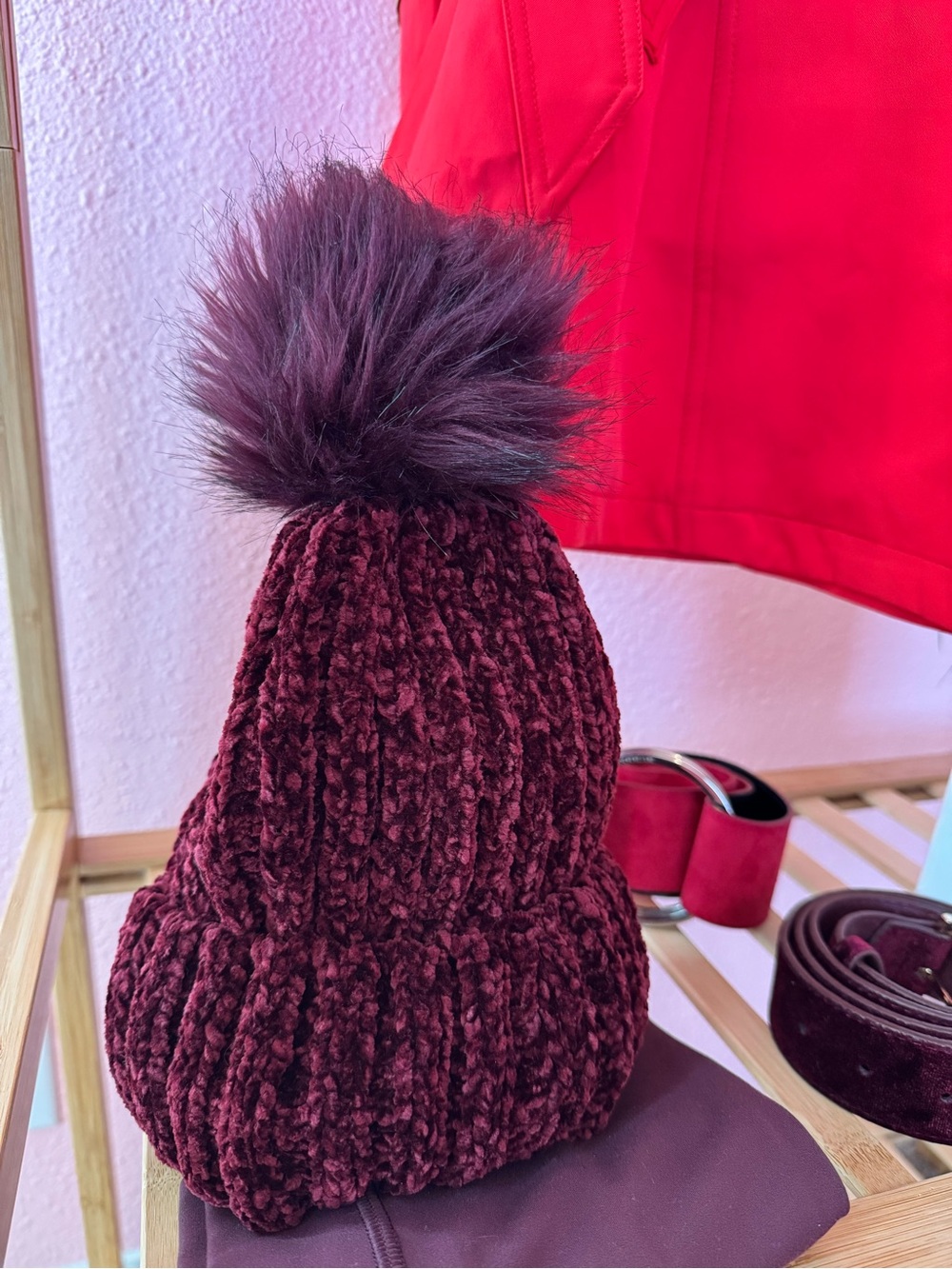 Kids Burgundy Chenille Pom Beanie - Cozy Winter Hat